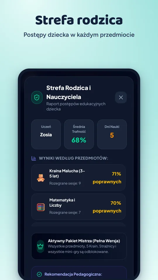 Strefa rodzica z postępami dziecka w każdym przedmiocie